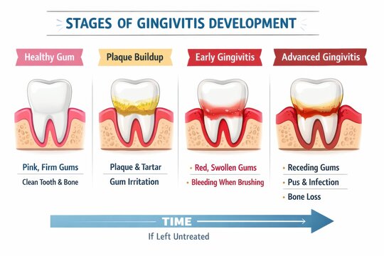 This visual shows the stages of gingivitis healthy gums, plaque, early gingivitis, and advanced gingivitis with signs and effects.