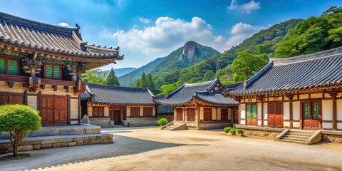 Obraz premium Traditional Asian Architecture with Lush Mountains in Background