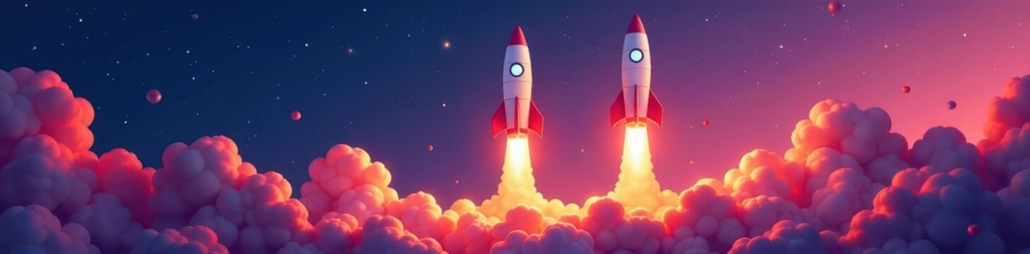 Rocket launch, startup team, smoke plume, flat vector style, fire, ambition