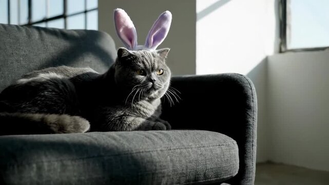 Grey british shorthair cat wearing purple bunny ears lying in armchair. Cute pet with basket of easter eggs in modern sunny loft. Funny domestic animal spring holiday celebration concept