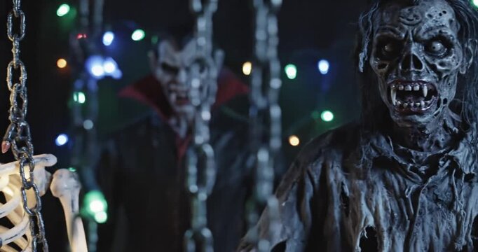 Spooky Halloween decorations featuring a skeleton and vampire with colorful lights in the background