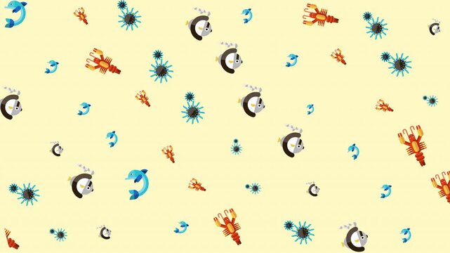 Pale yellow background with dolphins, lobsters, and clocks perfect for oceanthemed designs, childrens products, or playful concepts.