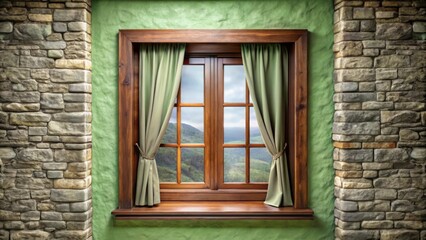 Obraz premium Elegant Window with Green Curtains and Natural Stone Wall Interior