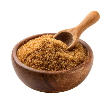 Wooden bowl filled with brown sugar and a wooden scoop on white background