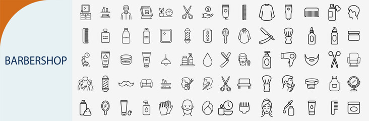 Fototapeta premium Barbershop and male grooming icons set, outline symbols for hair salon haircut shaving equipment beauty parlor and men fashion vector illustration
