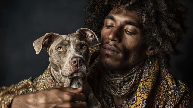 African American man with curly hair gently embraces his dog, showcasing a bond of affection while wearing a colorful patterned shawl in a dimly lit indoor setting