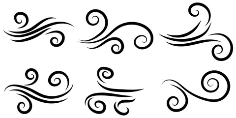 Fototapeta premium Set of black stylized wind swirls and air currents vector graphic elements symbolizing motion and flow