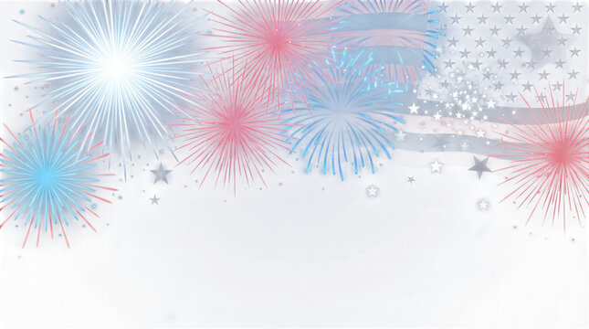 Red white and blue fireworks explode against a dark blue background with a translucent American flag and stars
