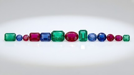 Vibrant precious gems in various colors and shapes on white background