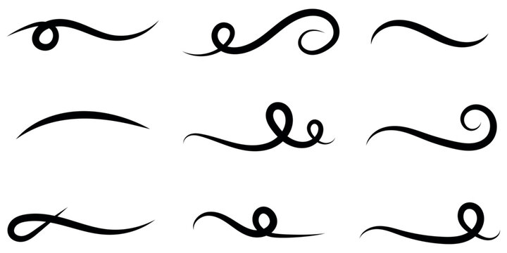 Set of elegant black decorative swirl elements and curly line flourishes for text dividers and design accents