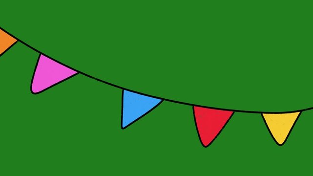 Hand Drawn Colorful Bunting Flags Animation on Green Screen | 2D Hand Drawn Doodle Style Festive Banner Motion Graphics | Sketch Style Ramadan Kareem Overlay Animated Asset