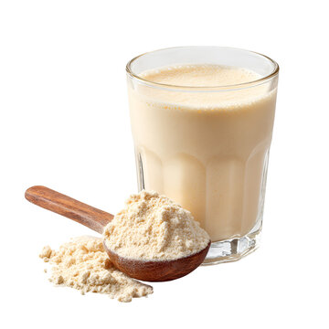 Glass of protein shake with scoop of powder and spilled powder on white background