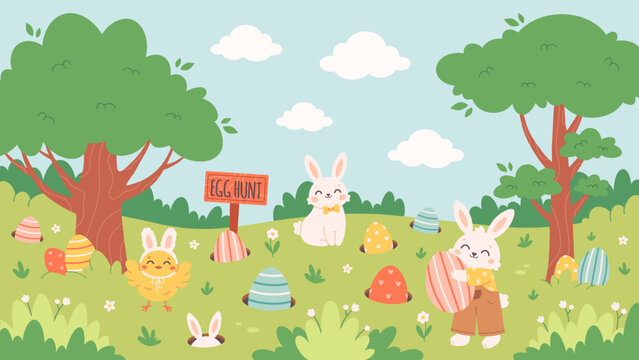 Easter egg hunt poster with bunny, chick, hidden painted eggs. Easter event celebration in spring park. Holiday tradition game for children. Vector illustration in flat style