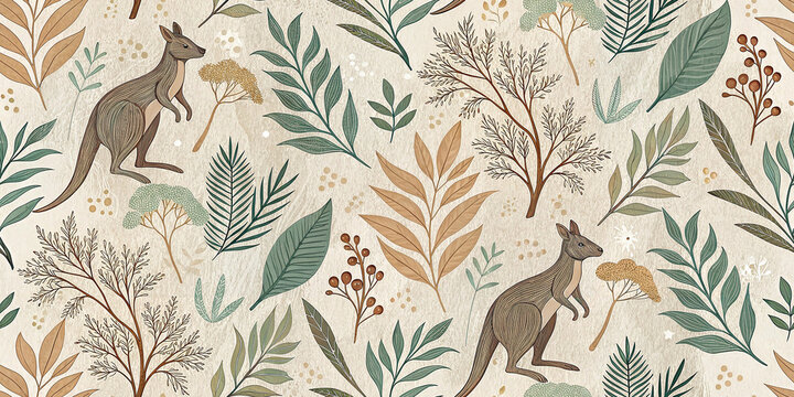Charming seamless pattern with kangaroos and diverse australian flora on a light background