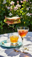 A Sunlit Outdoor Brunch Setting Showcasing a Floating Sandwich with Fresh Ingredients and Refreshing Drinks Surrounded by Lush Greenery and Blooming Flowers