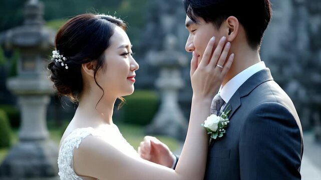 Asian bride and groom share a tender, loving moment, gazing and touching each other's faces in a beautiful garden. Perfect for wedding films, romantic commercials, engagement stories,