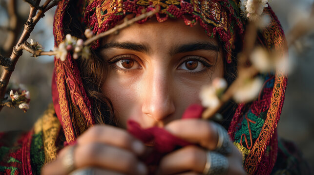 A woman in a vibrant headscarf celebrates Nowruz rituals in a Sanandaj village, Iran, surrounded by blossoming trees on a spring morning from a close-up portrait viewpoint
