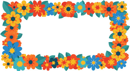 Fototapeta premium Vibrant floral frame with colorful flowers, leaves, and empty space, viewed from directly above, creating a decorative border