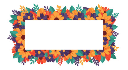 Obraz premium A rectangular white frame adorned with a vibrant border of autumn flowers and leaves in shades of orange, purple, and green.