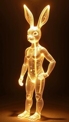 Glowing Anthropomorphic Rabbit Figure Illuminated in Golden Light with Transparent and Futuristic Design Elements Against a Dark Background