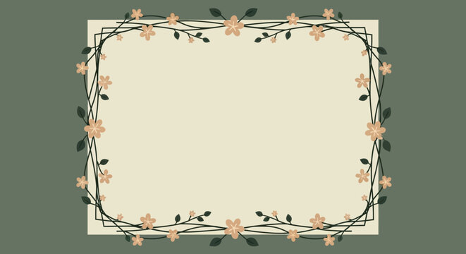 A decorative floral border frames a blank, light-colored rectangle on a muted green background, suggesting a template for invitations or announcements.