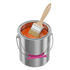 A silver paint can with a brush inside filled with orange paint.