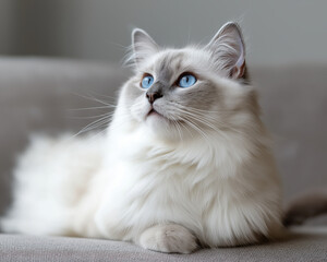 Fototapeta premium White cat gray cat blue eye fluffy fur domestic pet sofa relaxed feline with bright blue eye gazing upward calmly on couch