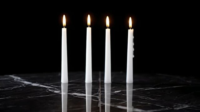 Four white pillar candles burning brightly with warm flames on a reflective black marble surface, slowly zooming in. Ideal for Advent, Christmas, Hanukkah, memorials, meditation,