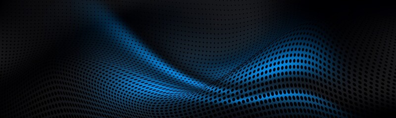 Panoramic dark blue futuristic header with flowing curves, dynamic dotted waves, and deep gradient, perfect for digital design, corporate presentations, websites, and innovative technology projects.