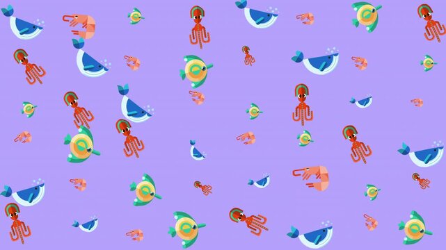Sealife pattern with fish, shrimp, and other sea creatures, ideal for wallpaper, textiles, gift wrap, and oceanthemed products.