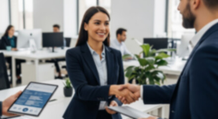 Fototapeta premium Soft focus blurred photo of Smiling businesswoman in a navy suit shaking hands with a bearded male colleague in a bright, open-plan office environment during a successful business meeting.