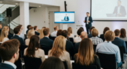Obraz premium Blurred rear view of a business audience listening to a male speaker presenting on stage with a large screen display.