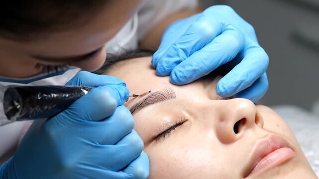 A close-up shot of a woman receiving a microblading treatment on her eyebrows from a professional technician wearing blue gloves