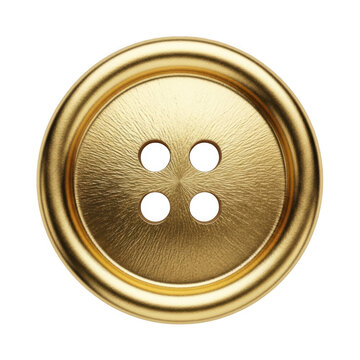 A golden button with four holes on a white background.