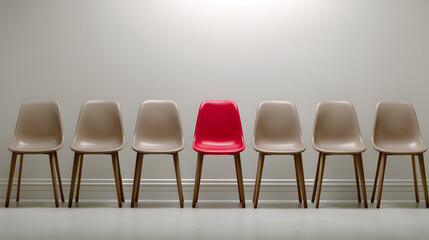 Obraz premium Vibrant red chair prominently stands out in a perfectly aligned row of six identical beige chairs against a neutral wall, symbolizing individuality, difference, and unique perspective. Ideal for conce