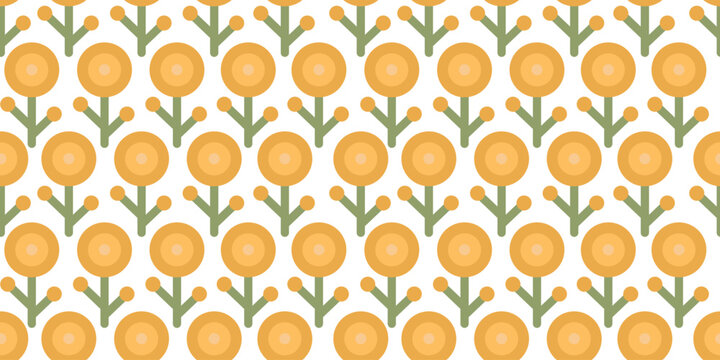 Seamless pattern with yellow round flowers and green leaves in geometric style on white background