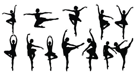 Fototapeta premium Collection of various black silhouette illustrations depicting ballerinas performing different graceful dance poses and movements