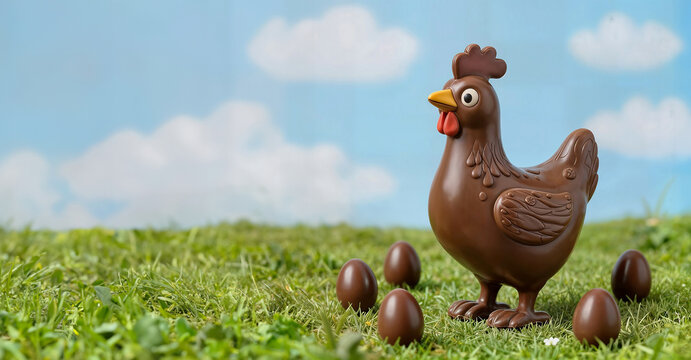 Poule de p&acirc;ques et &oelig;ufs en chocolat dans l'herbe verte, banni&egrave;re avec espace vide pour du texte ou produit