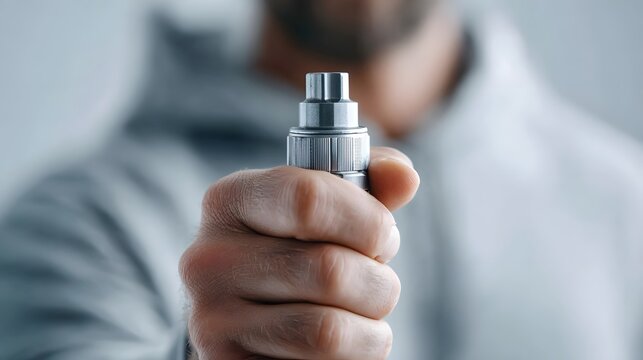A person s hand firmly grasps a detailed metallic electronic cigarette atomizer component  The shallow depth of field focuses attention on the object and the hand