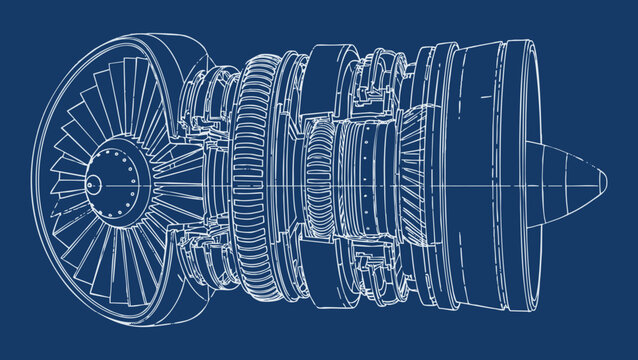 Technical Aerospace Blueprint Showing Detailed Internal Cross Section and Assembly View of a Jet Engine Turbine with White Hand Drawn Line Art on a Blue Background