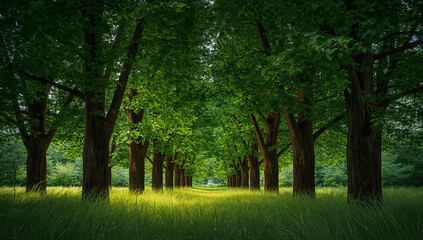 Fototapeta premium 幹の影から葉の光へそして空へ続く緑の帯が季節を告げる