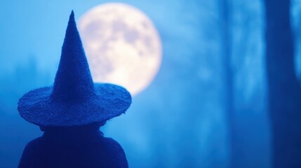 Fototapeta premium Witch watching the full moon in a dark forest at night