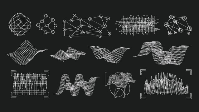 Set of Scientific HUD Elements Featuring White Hand Drawn Line Art of Topographic Wireframe Grids Mathematical Signal Waveforms and Molecular Connection Plots on a Black Background