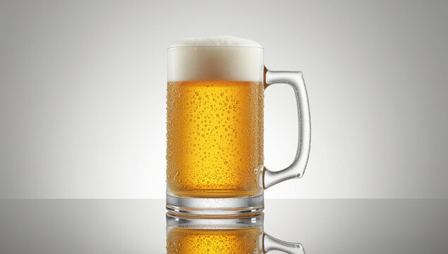 薄いグレーのグラデ背景で撮る泡立つビールジョッキの写真