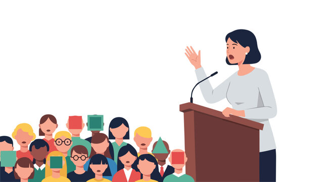 A woman stands at a podium, addressing a diverse crowd of people with various expressions.