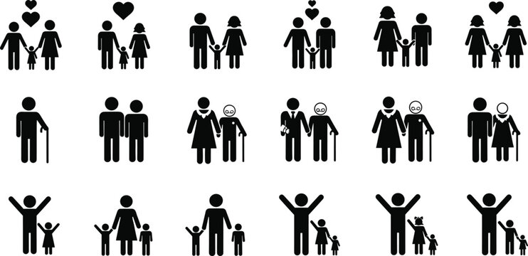 Black family icon set with parents children elderly people and couples with hearts showing diverse relationship structures for infographic design and social community concept