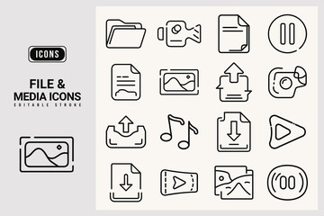 Collection of editable file and media icons in simple style