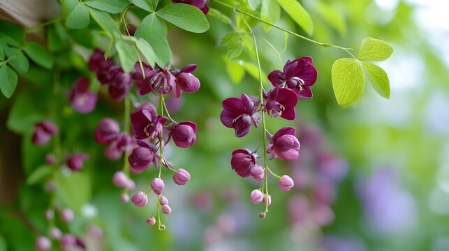 Detailed view of pendulous racemes of deep purple flowers blooming on a climbing vine accented by vibrant green leaves and a dreamy out of focus background with gentle bokeh lights