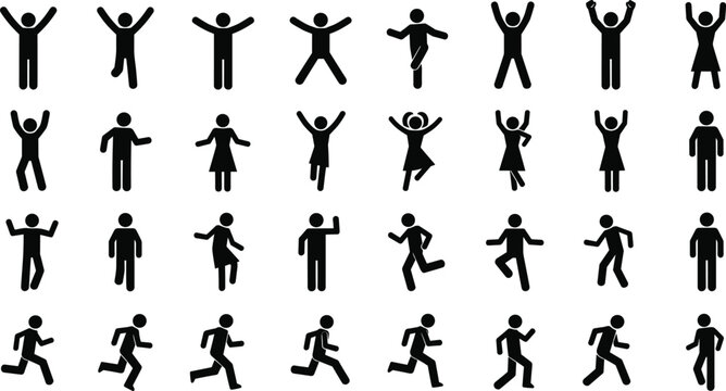 Black stick figure icon set showing people in various poses like running walking jumping and dancing as a silhouette collection for infographic design element