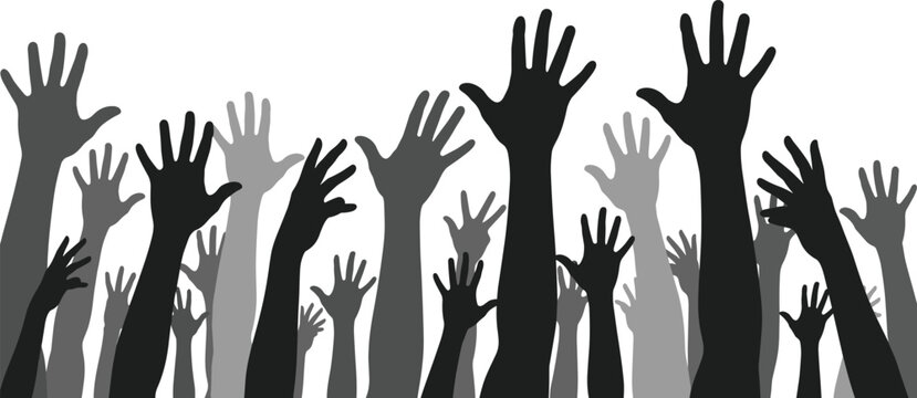 Crowd of human hands raised in silhouette reaching up for help or volunteering as a diverse group concept for community and teamwork success